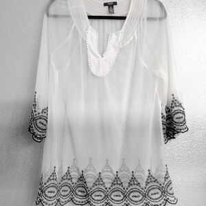 Alfani Sheer White Blouse/Tunic With Black Embroidery  Size 1X